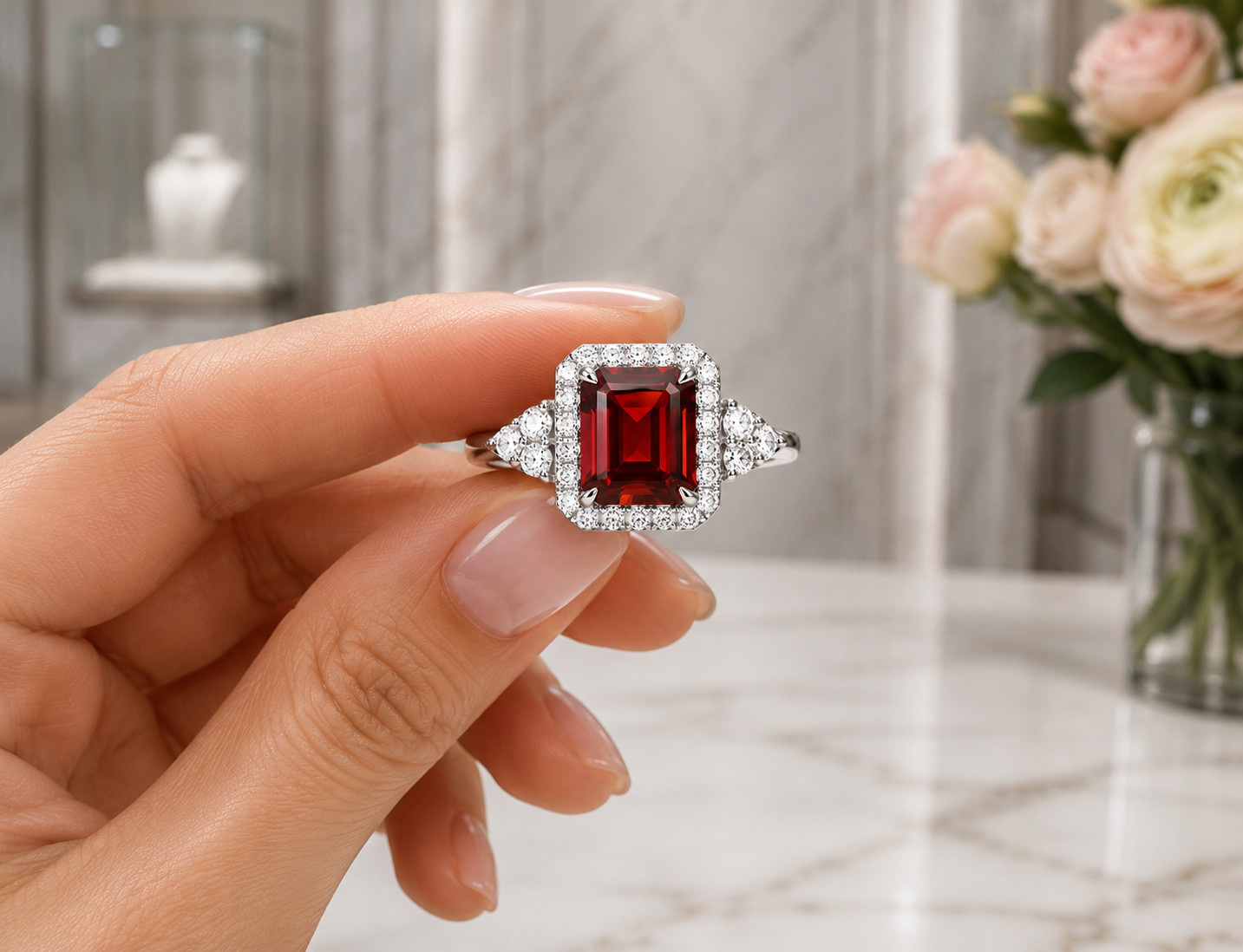 2.80 Ct Emerald Cut Natural Ruby & Diamond 18K White Gold Wedding Gift Ring