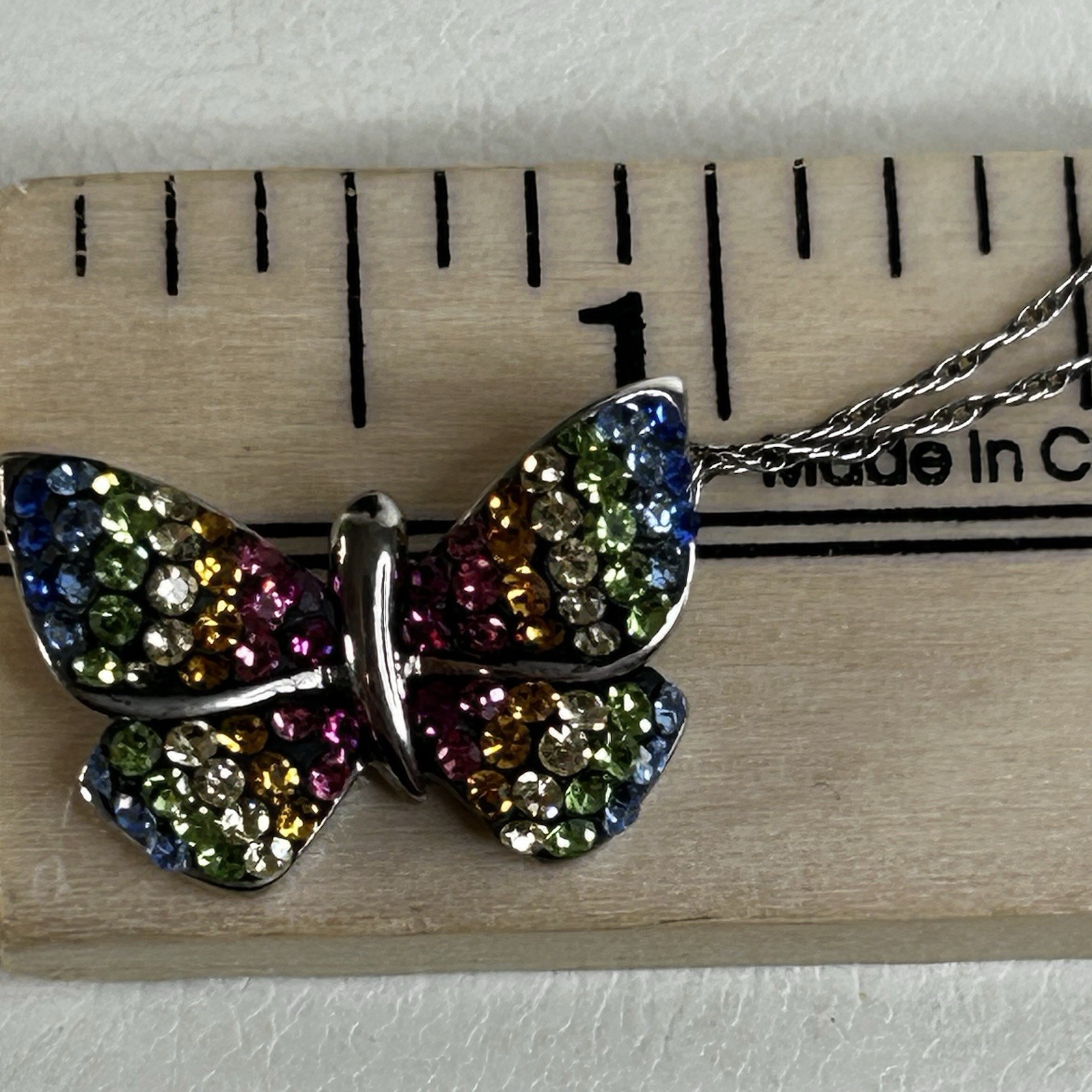 Sterling Silver & Rainbow Crystal Butterfly 18” Necklace Signed 925 JCM Thailand