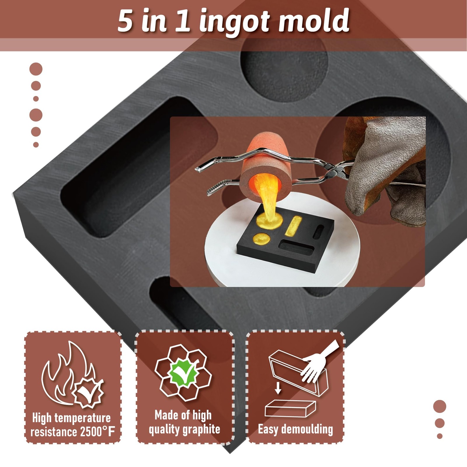 Nelyrho 8-in-1 Metal Casting Kit – Graphite Crucible, Graphite Ingot Molds, 2 St