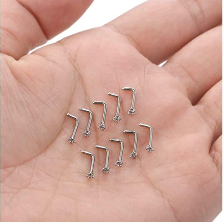18G Surgical Steel Mix Color CZ L Shaped Nose Stud Rings Piercing Jewelry 10PCS