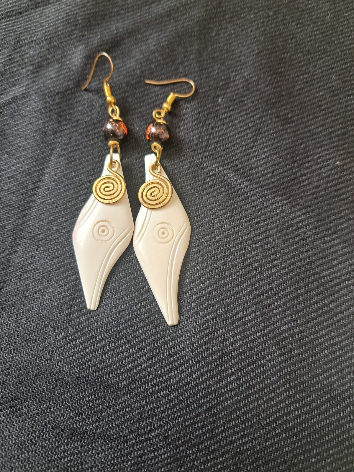 3″ Handcrafted African Bone Dangling Earrings With Bronze Spiral From Kenya