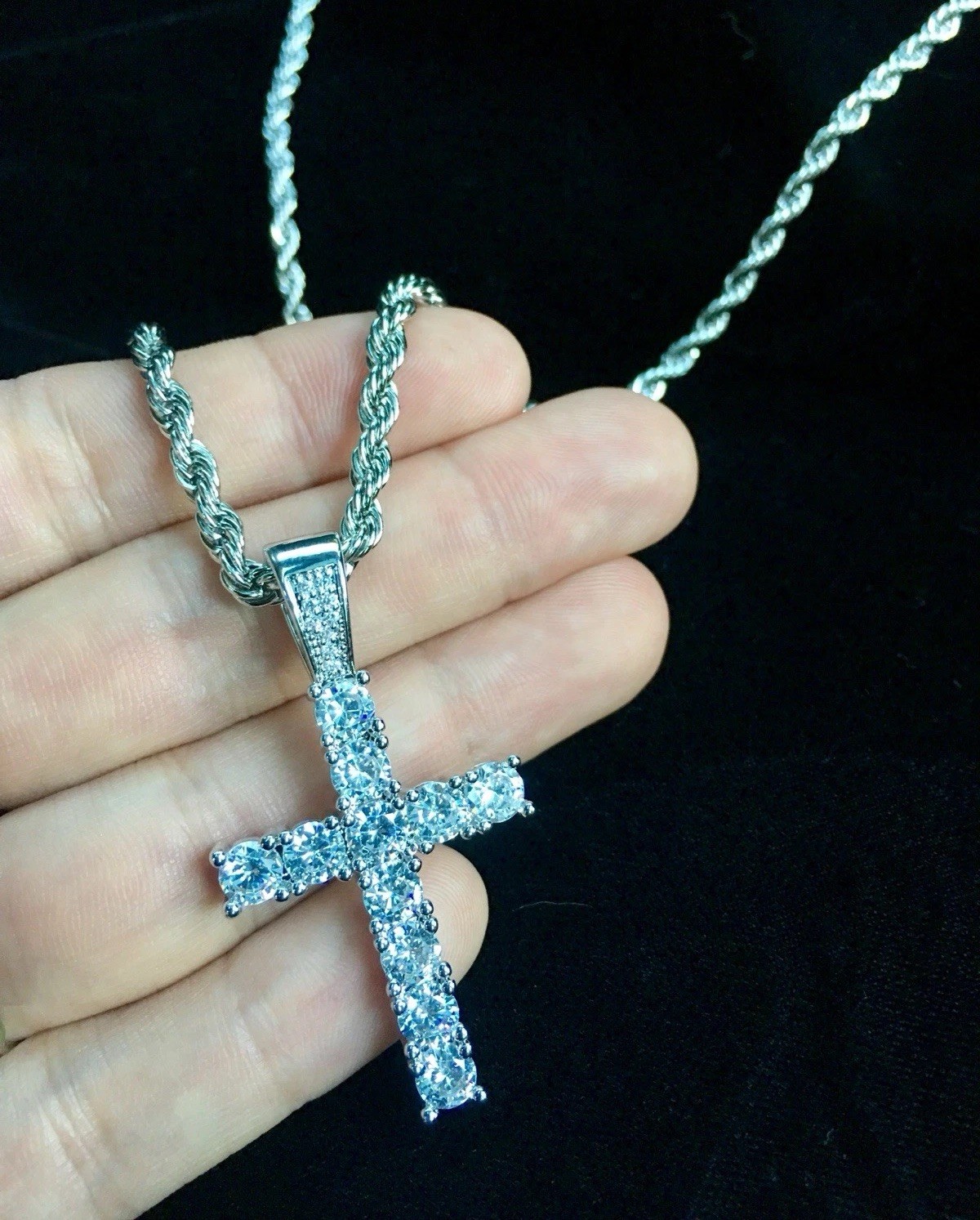 Real 18K White Gold Men Women Cross Necklace Lab Diamond ITALY LIFETIME WARRANTY