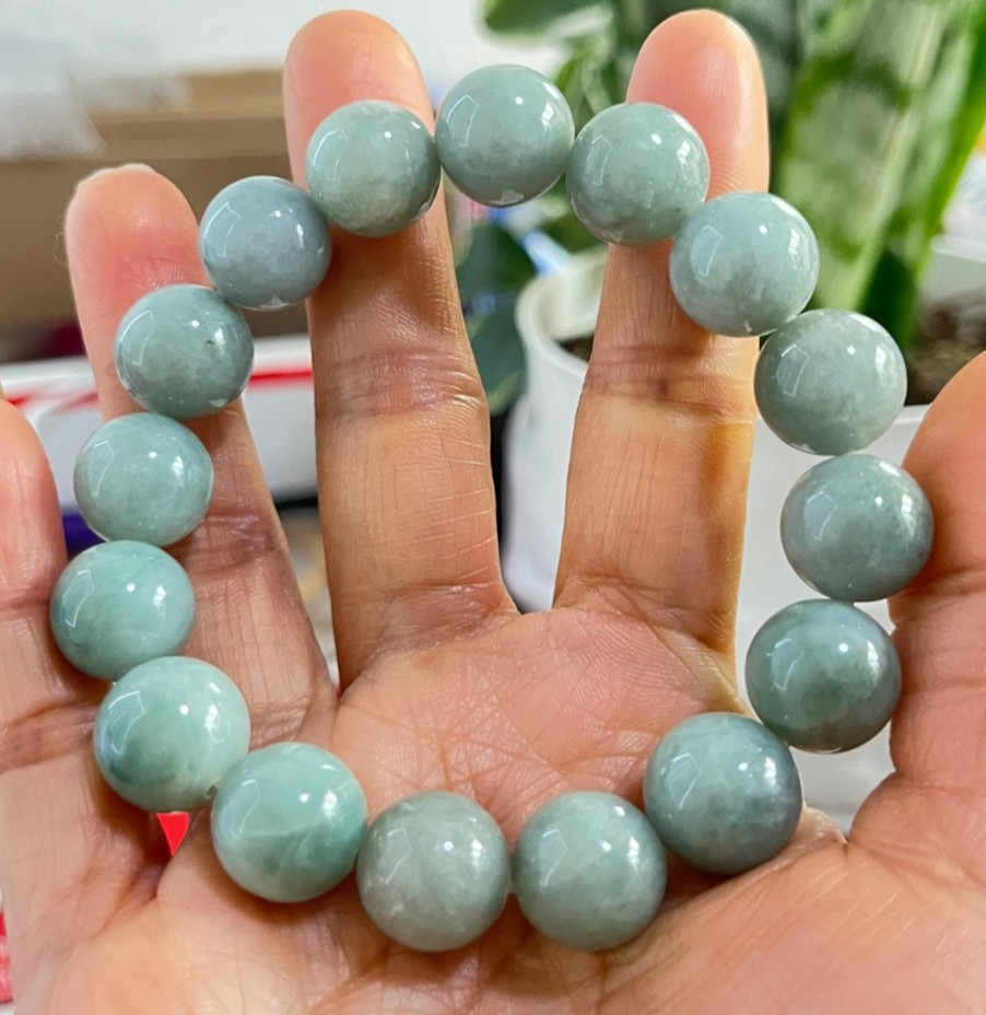 Natural Burmese Jadeite Jade Bead Bracelet 13.4mm-13.9mm Type A Untreated 69.5g)