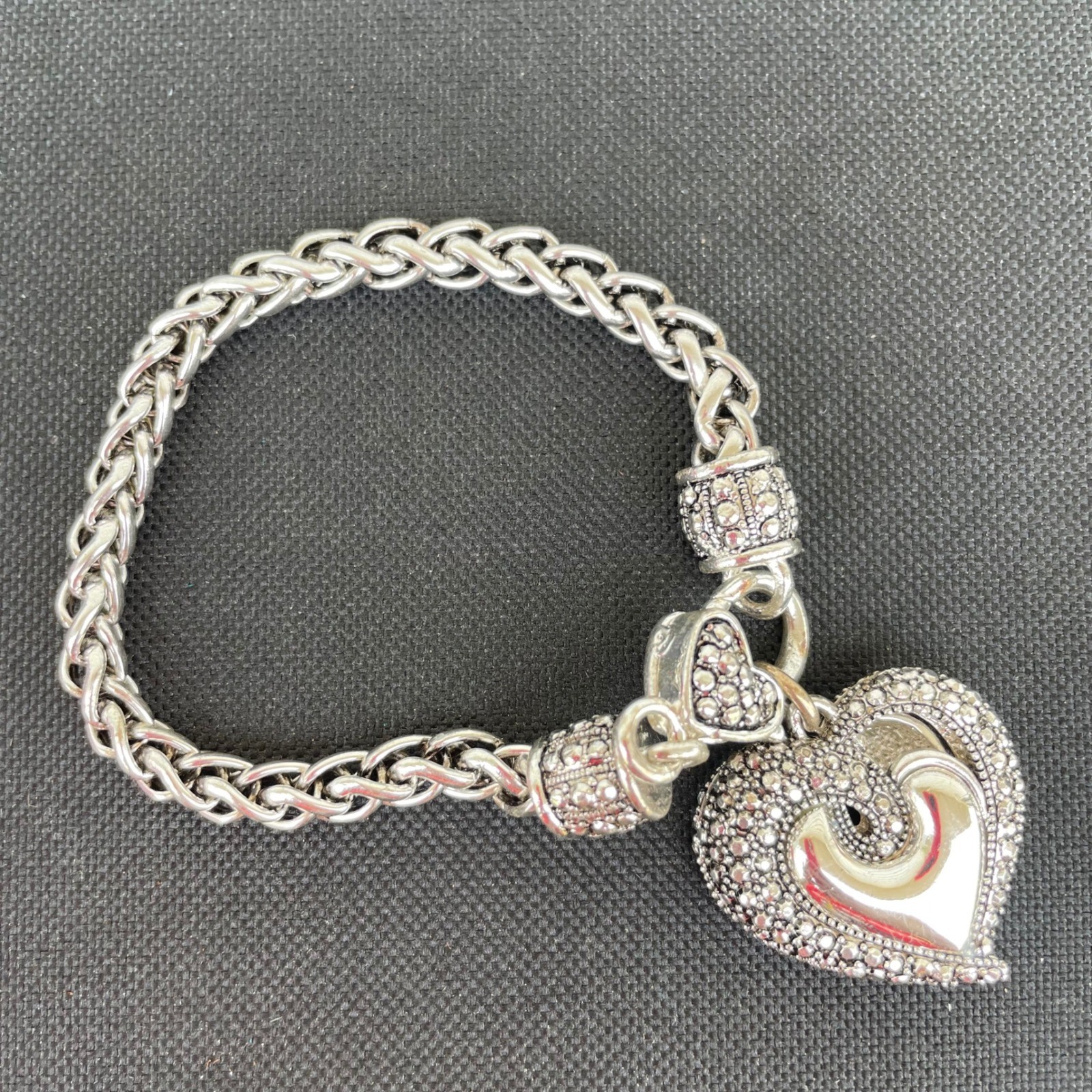 Brighton Heart Charm Wheat Chain Bracelet Silver Tone Ornate Braided 7.5 Inch
