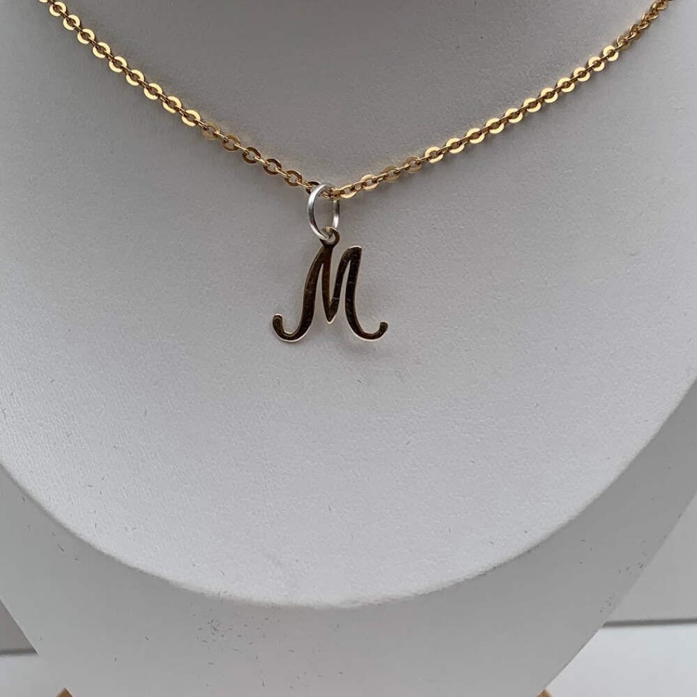 9K Gold Script Letter M Pendant with Sterling Silver Bail