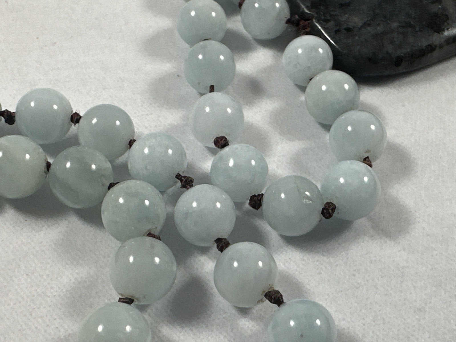 Silver Shimmer Larvikite Pendant ~ Hand Knotted Snowy Jade Beads 26″ Necklace