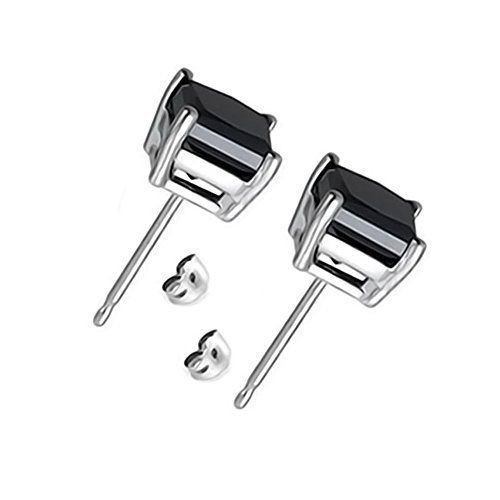 New Silver White Gold Plated 1 Carat 5MM Black Princess Cut CZ Stud Earrings