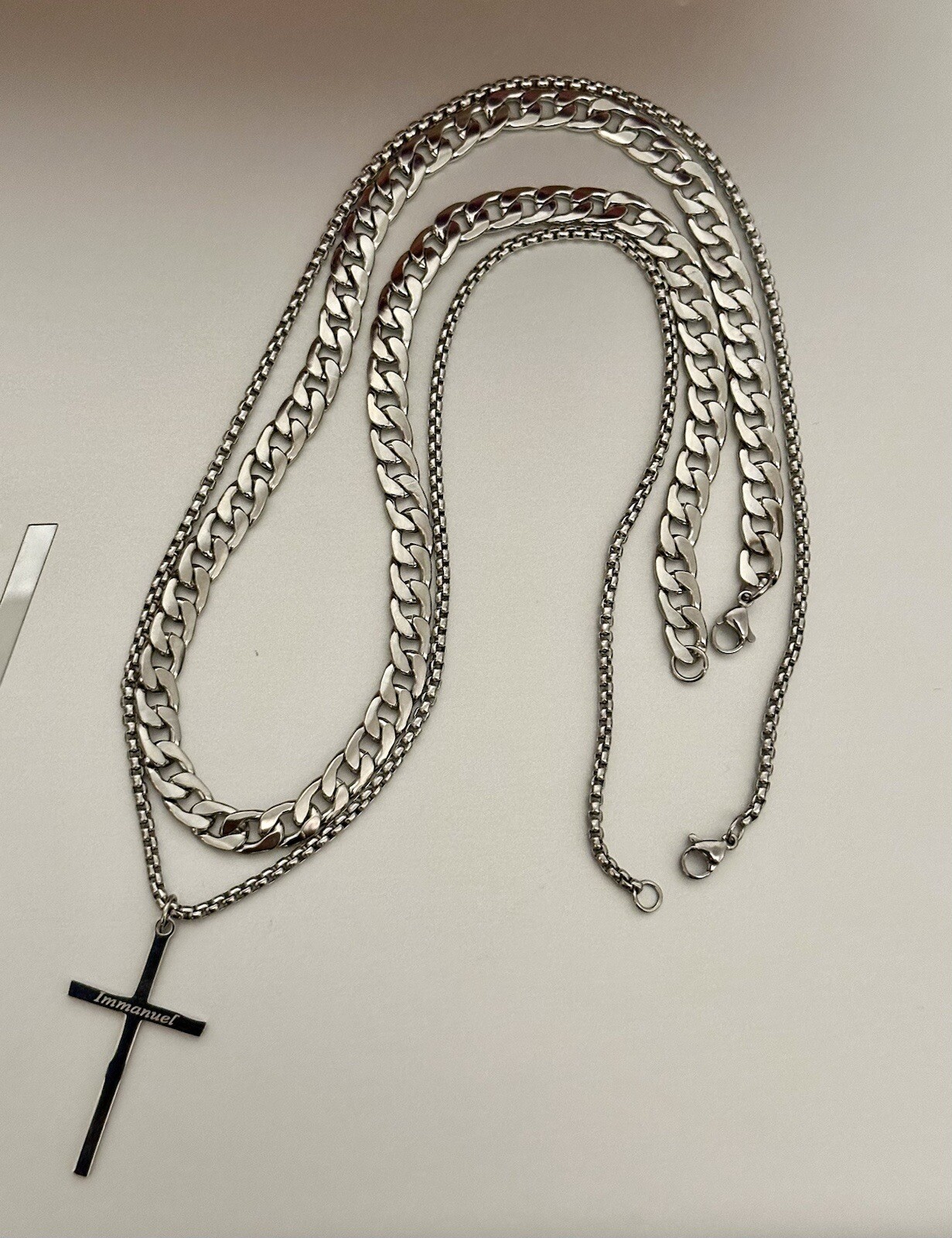 Men Double Layer Cross Pendant Necklace Stainless Steel Hip Hop Gothic Unisex