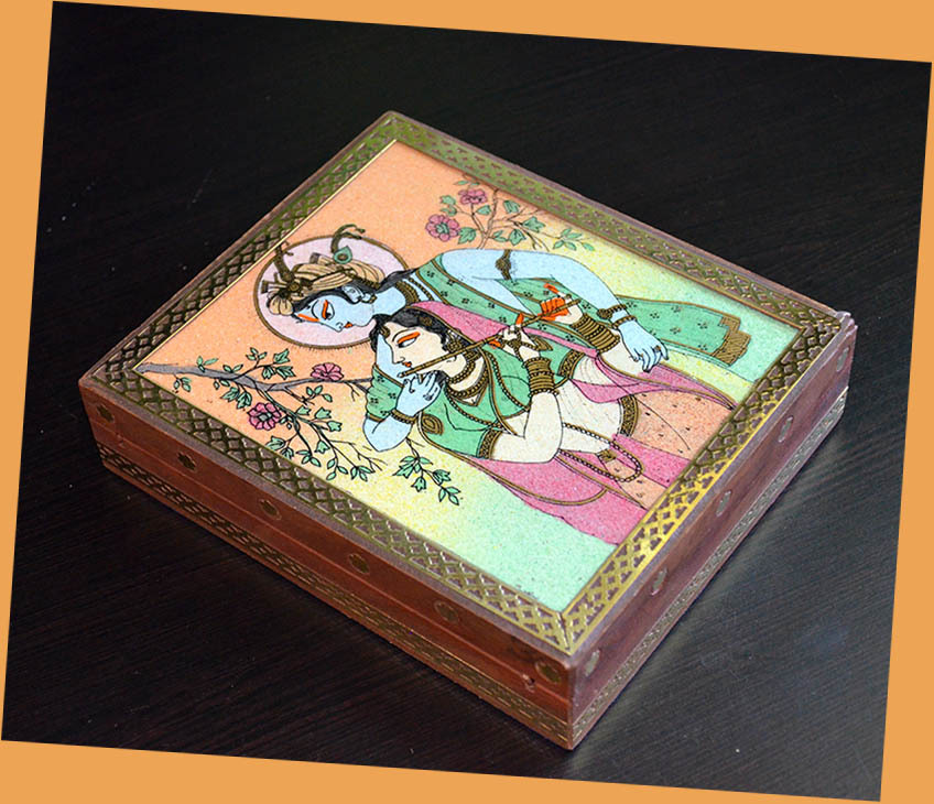 Wooden jewelry box with glass gem stone painting and brass border from India!