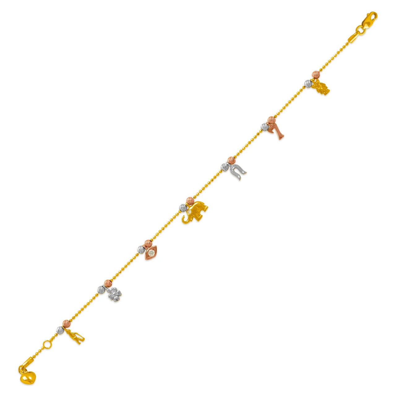 14K Tricolor Gold Charm Bracelet Anklet 1.2mm Link 9mm Charm 7.5″ & 10″ Chain