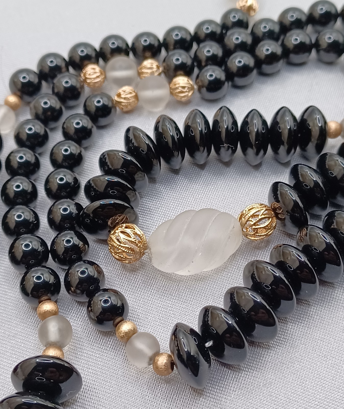 Black Glass Beaded Necklace Gold Tone Filigree & Frosted Glass Accents 38.5″