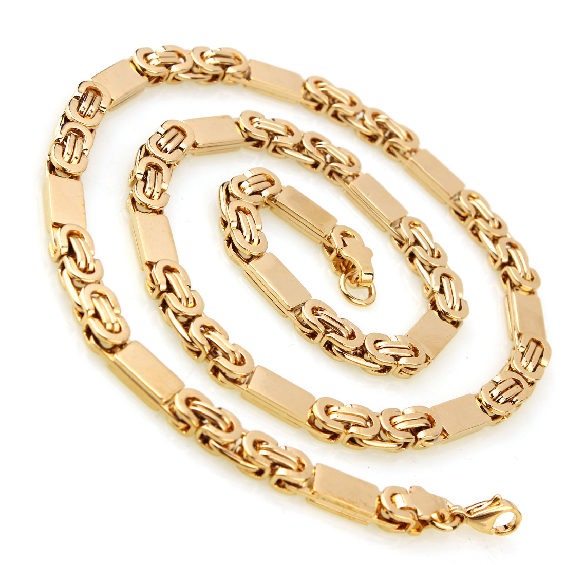 Mens Chain Stainless Steel 18K Gold Tone Byzantine Link Necklace Bracelet Set