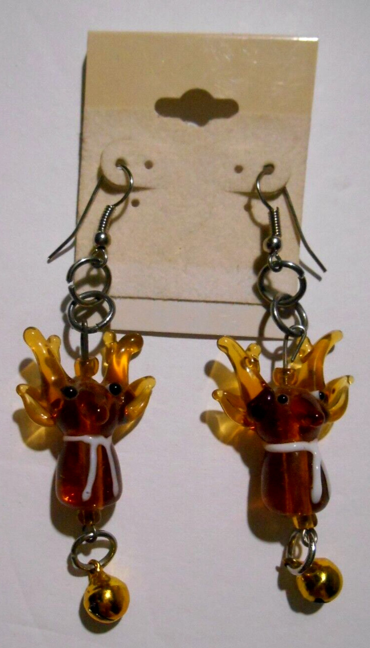 Vintage Hand Blown Glass Christmas REINDEER Hook Dangle Jingle Bell Earrings 3″
