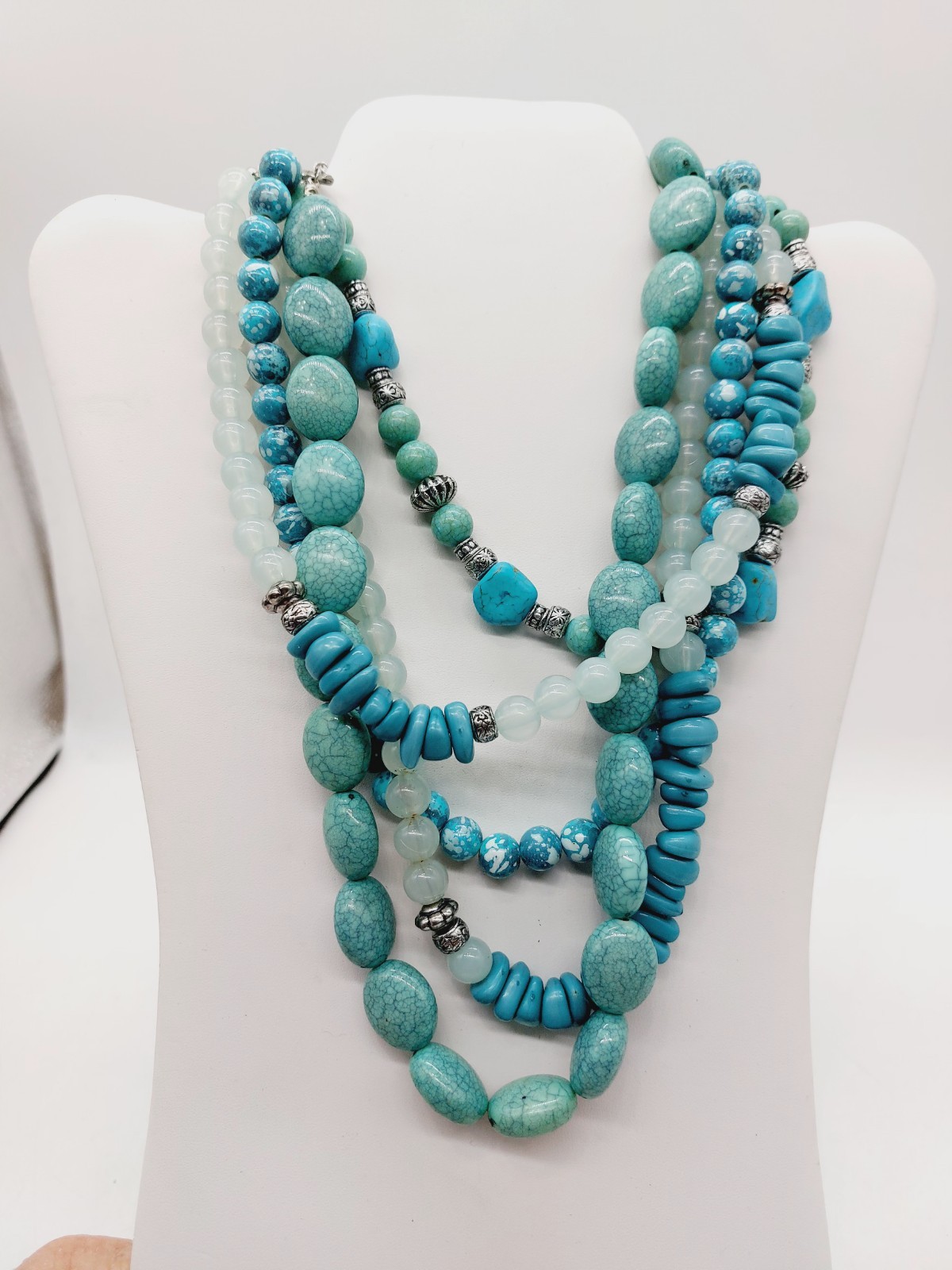 Necklace Blue Aquatic Bib Choker Turquoise Silver Tone Beads Multi Strand