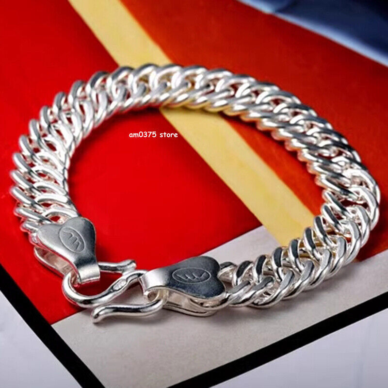 Real 999 Pure Silver Bracelet Women Men 7mm/8mm/10mm Cuban Curb Link Chain