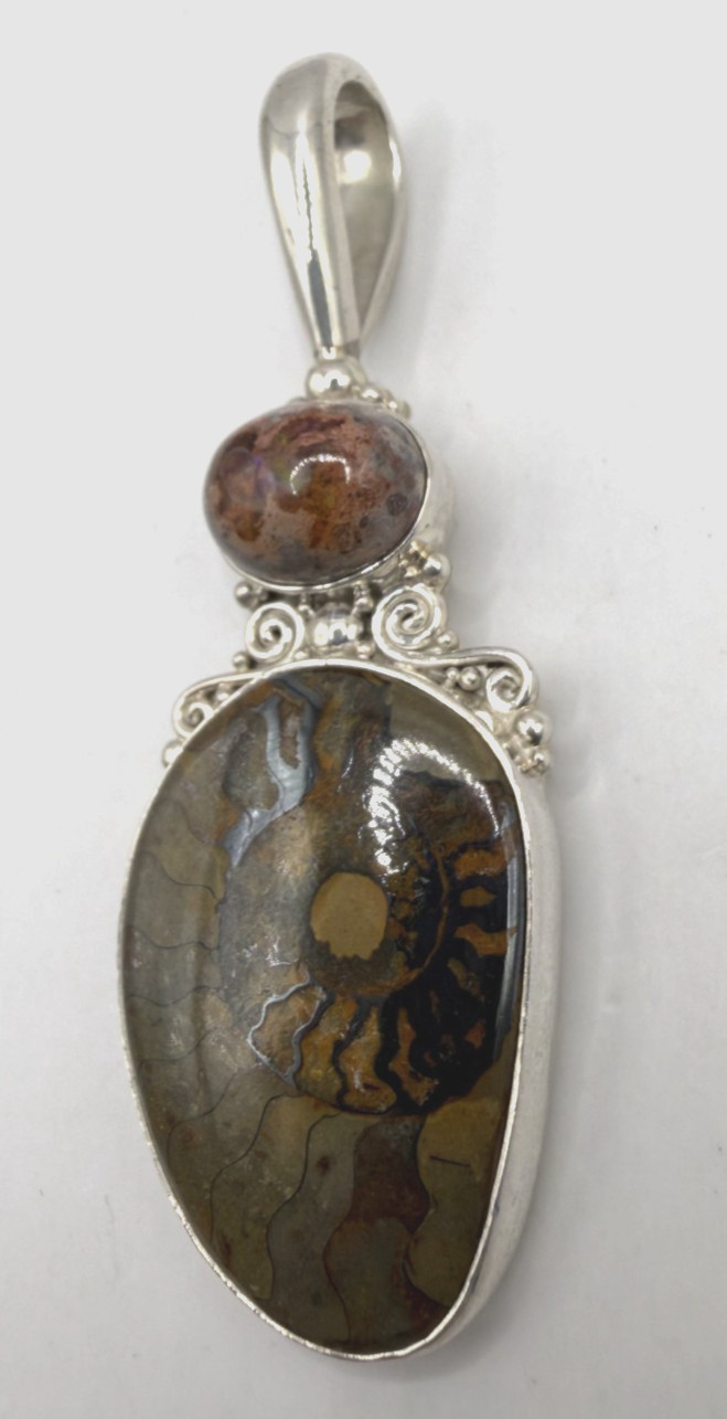 SAJEN Sterling Silver Ammonite Fossil Pendant w/ Fiery Opal Accent [076DUR]