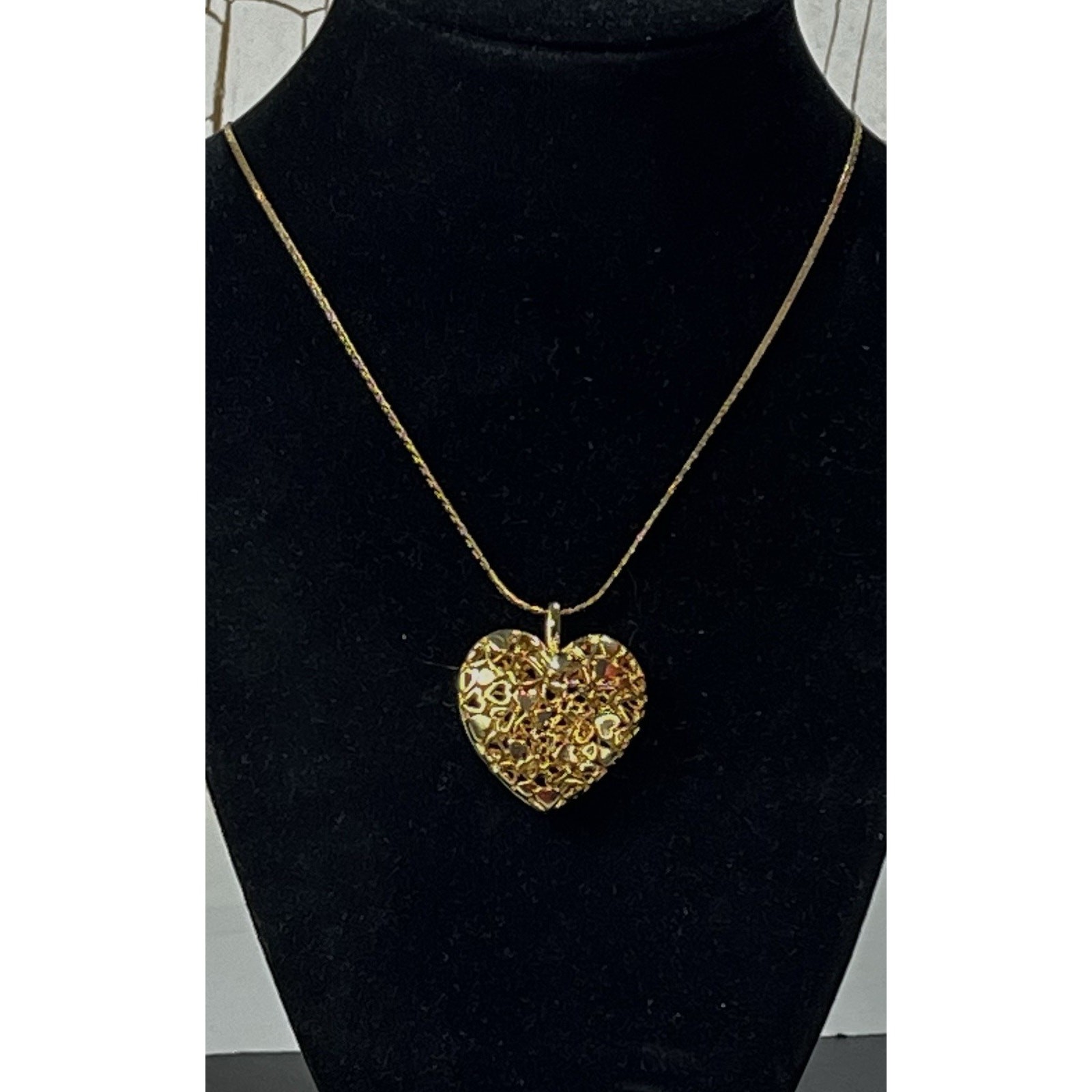 Puffy 14K Yellow Gold Plated Filigree Heart Pendant on 12K GF Chain Necklace