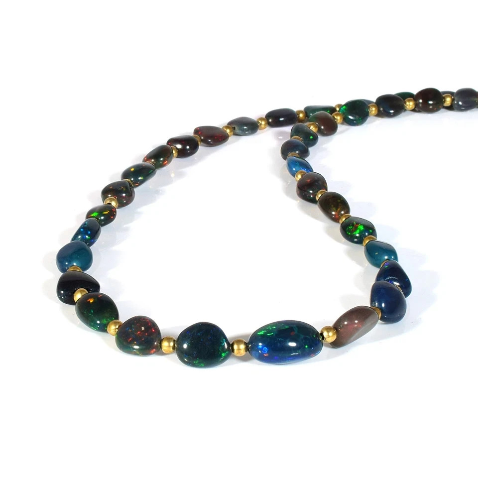 Natural Welo Fire Black Opal Tumble Beads Necklace 925 Silver Handcrafted Chain
