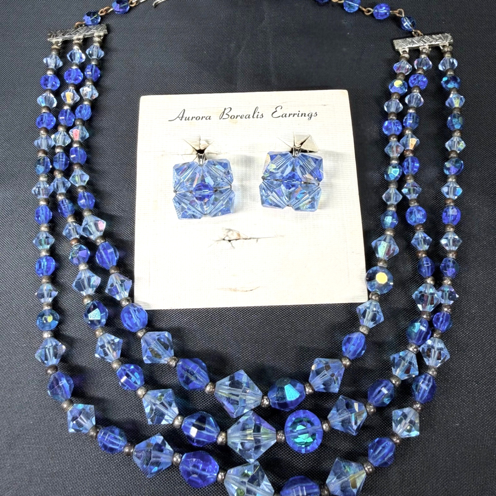 Vintage 3 Strand Blue AB Crystal Necklace & Earrings Jewelry Set, 13-16” long