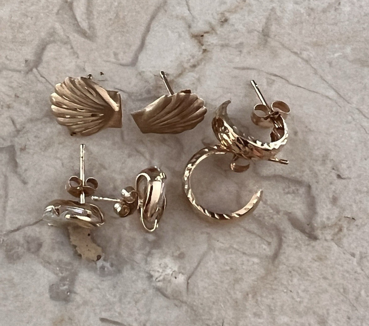 3 Pairs 14K Yellow Gold Dainty Earrings Lot Seashell Etched Hoops & AB Crystal