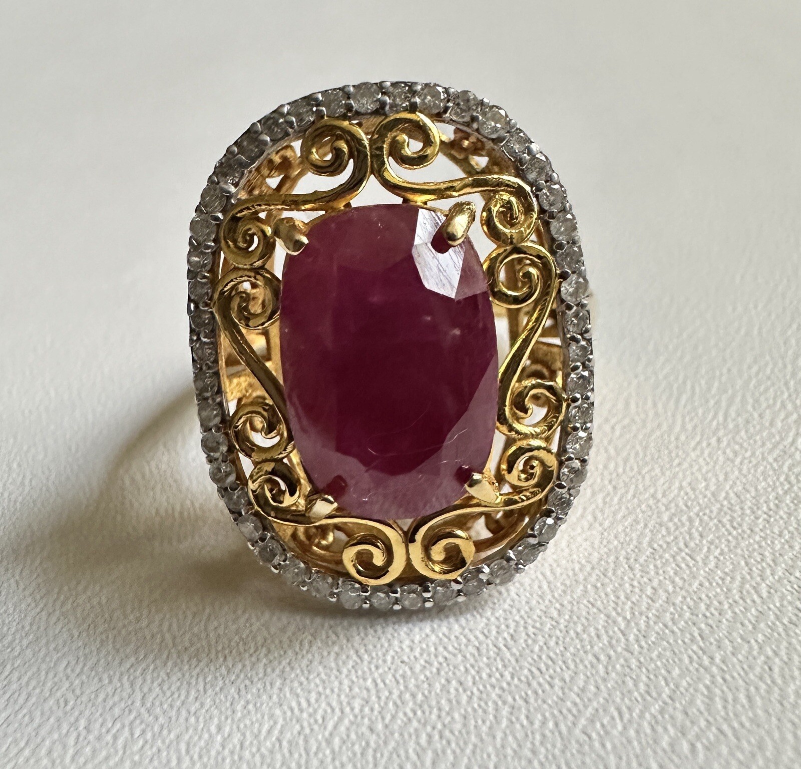 A Custom Handmade Certified 6.29cts Natural MogokRuby & Diamonds 14k y gold ring