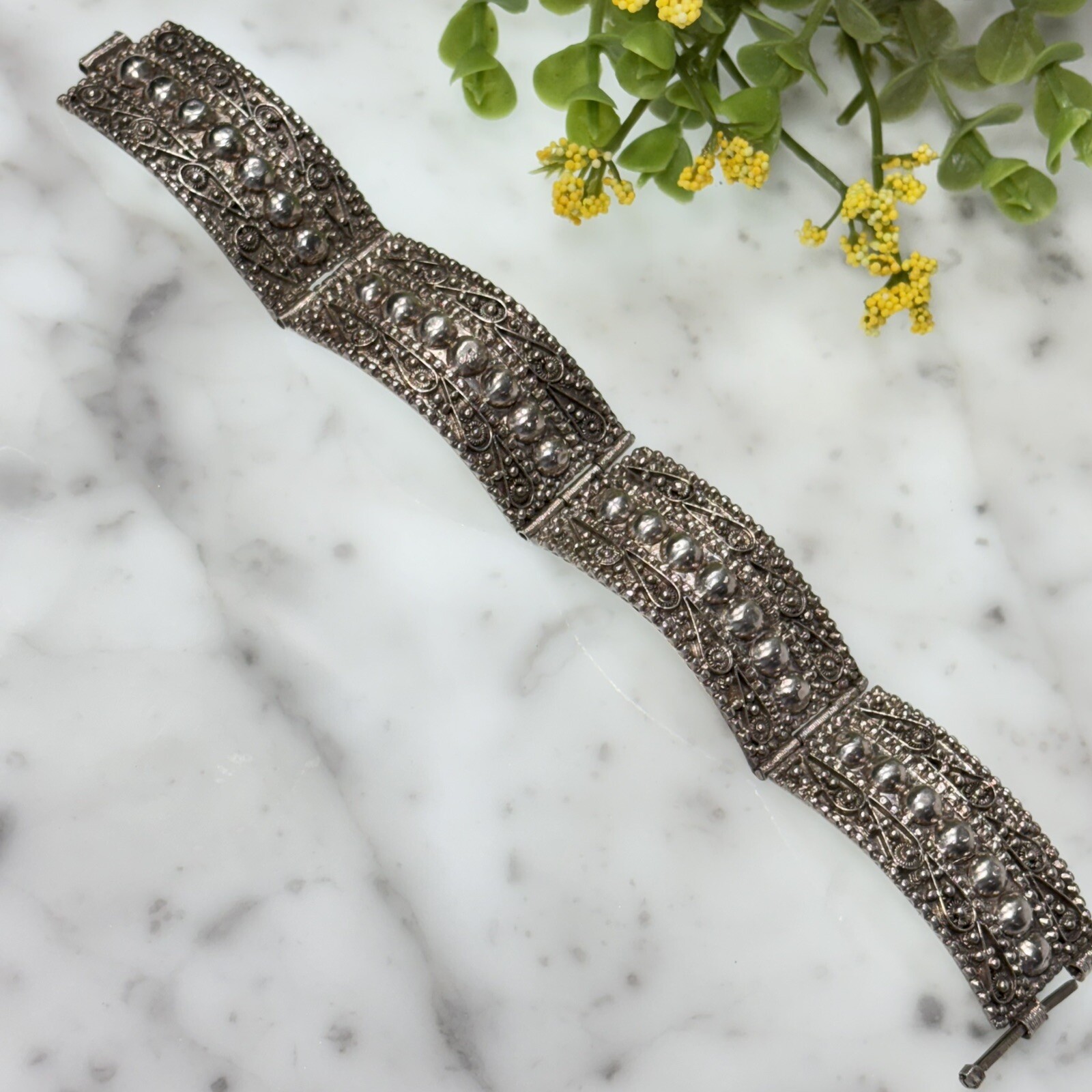 Antique Sterling Silver 935 Scroll Ball Dot Hinged Panel Bracelet 7” Long 30.0g