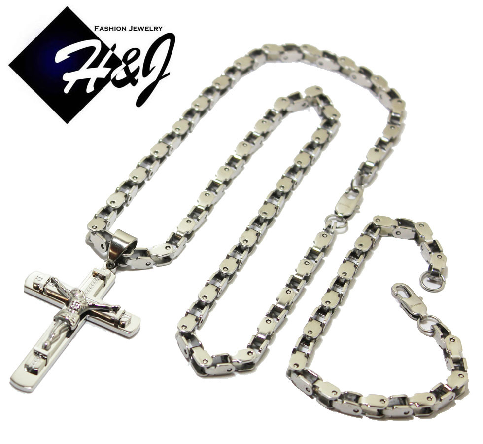 24″MEN’s Stainless Steel 5mm Silver Box Bike Chain Necklace Bracelet Pendant*SJ