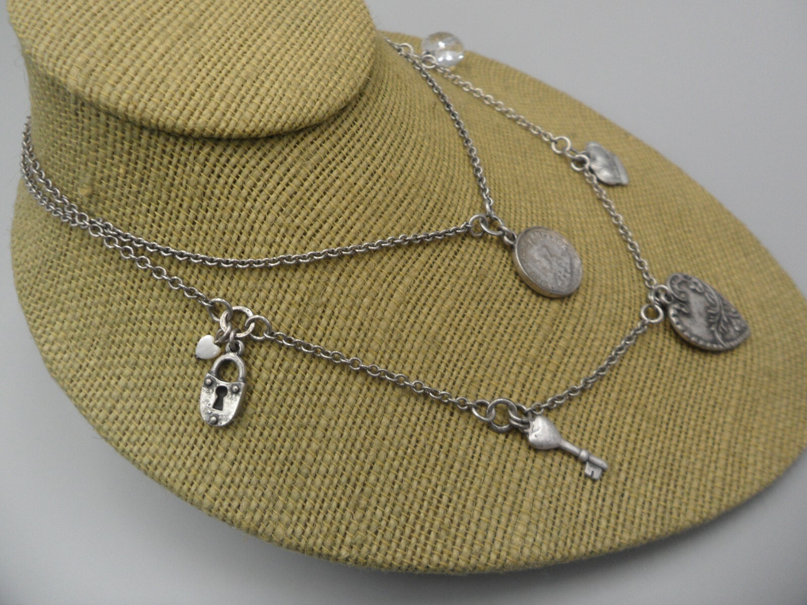 AE Signed Charm Necklace American Eagle Layered Coin Heart Crown Lock Key EUC