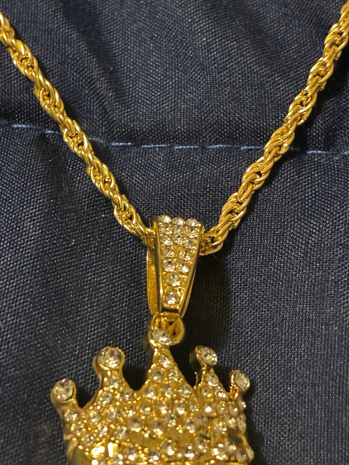 Gold Tone Rope Chain Lion Head Crown Pendant Pavé Clear Crystal 23.62in
