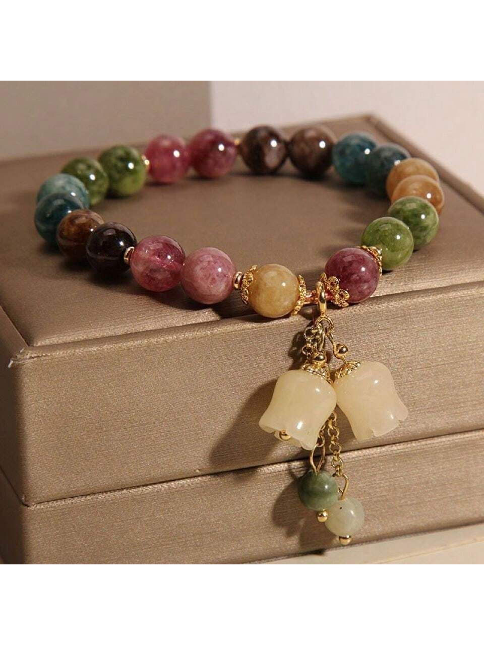 1pc Natural Stone Colorful Citrine Bracelet With Small Bellflower Pendant