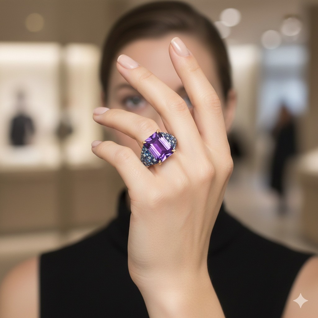 925 Sterling Silver African Amethyst Ring Emerald Cut Stone with Blue & White CZ