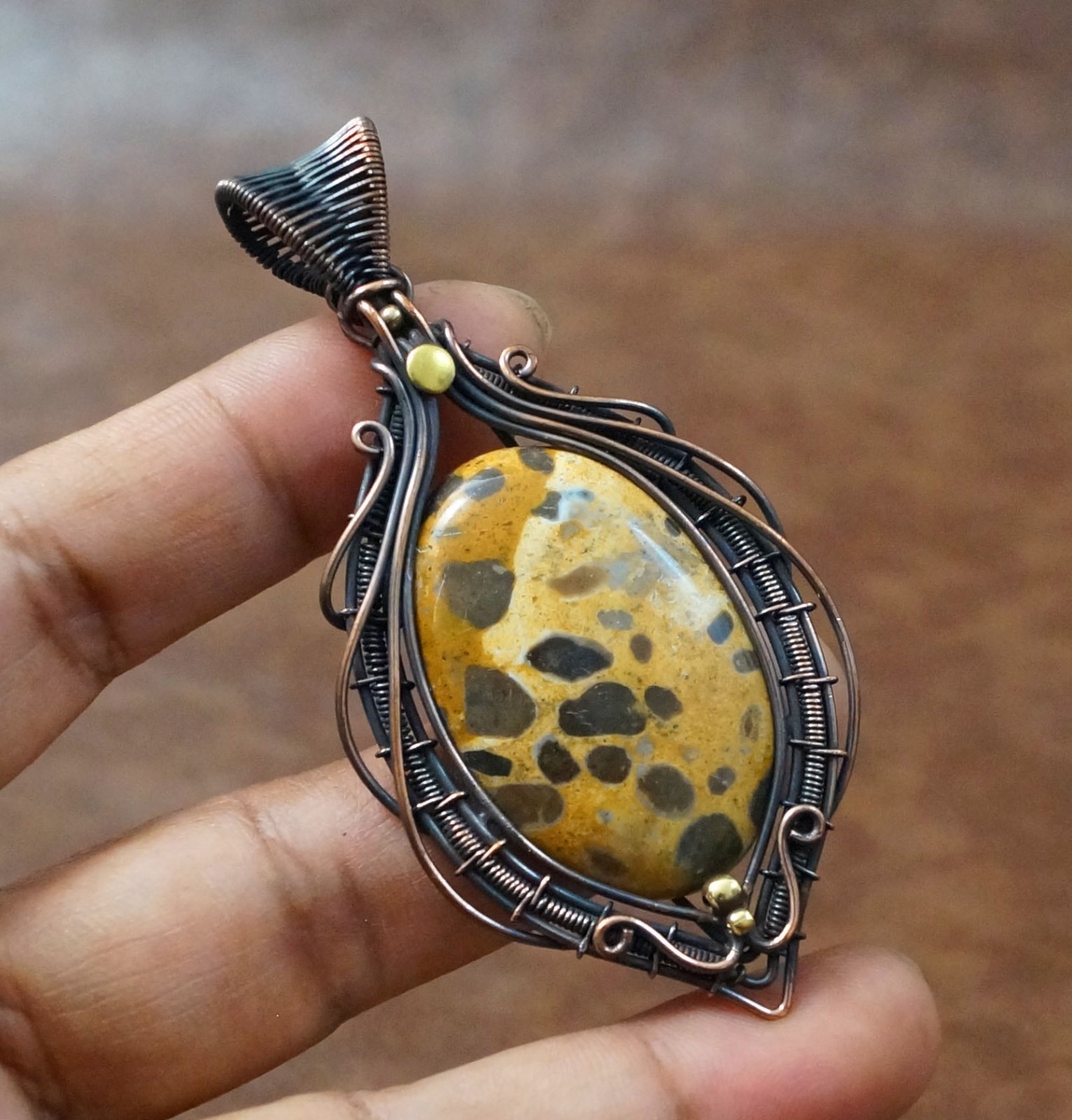 Yellow Australia Chert Breccia Carved Crystal Copper Pendant Handmade (PD-20