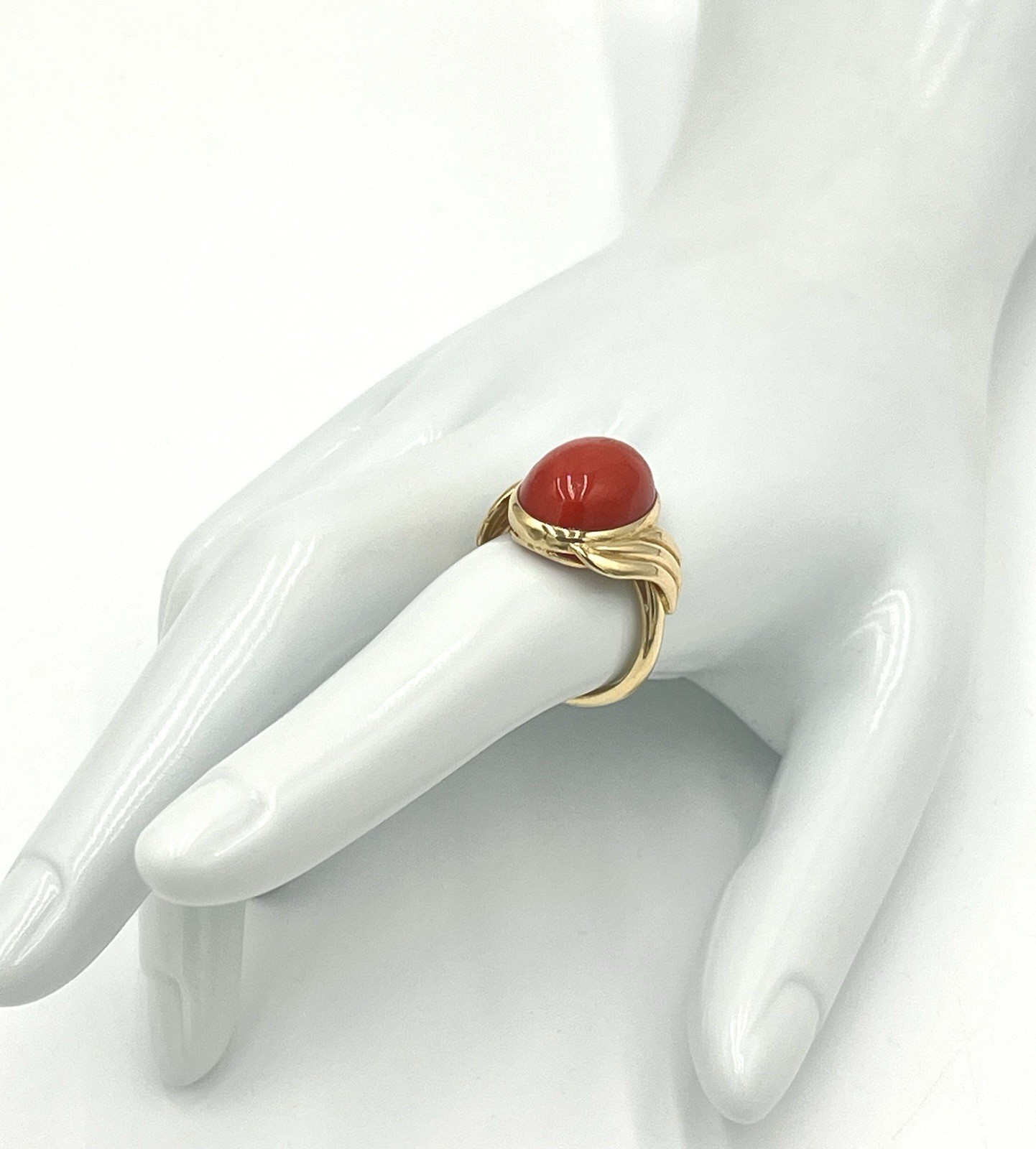 18Kt Gold Mediterranean Red Coral 16mm Cabochon Tower of the Greek Ring M+M