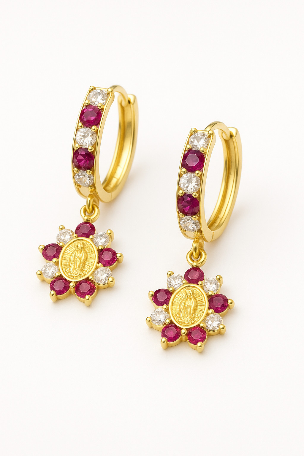 14K Yellow Gold CZ Huggies Virgen de Guadalupe Earrings 24x12mm Elegant Gifts