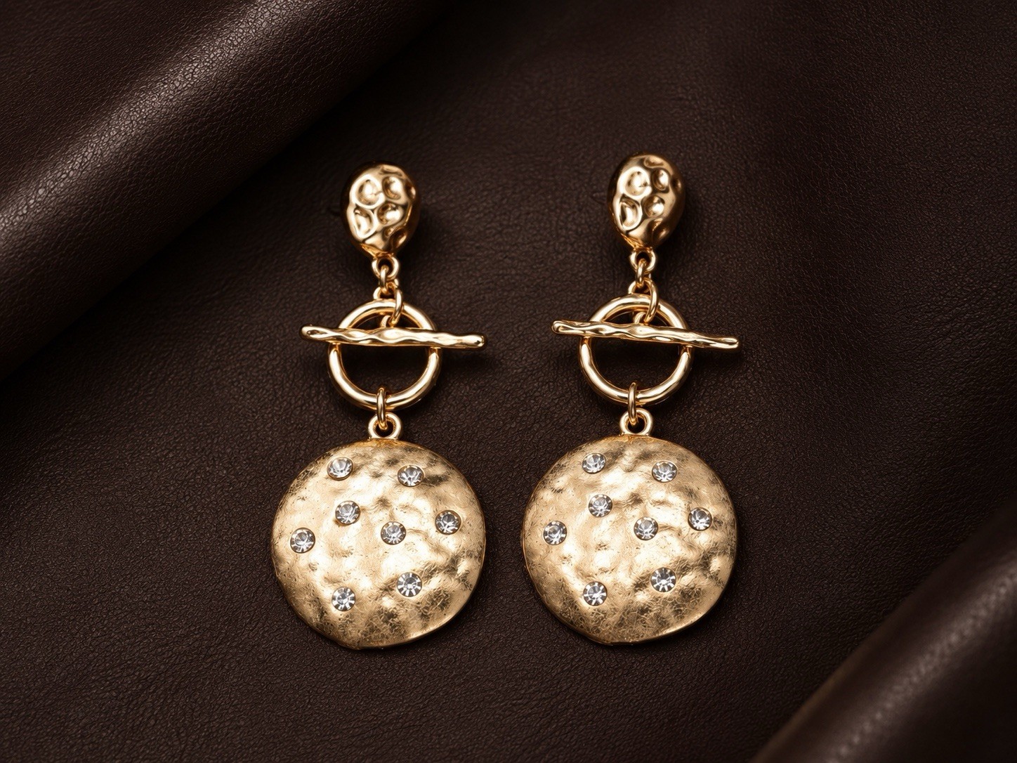 Coin Hammered Earrings Gold Museum Crystal Disc Toggle Statement VTG CZ Boho Art