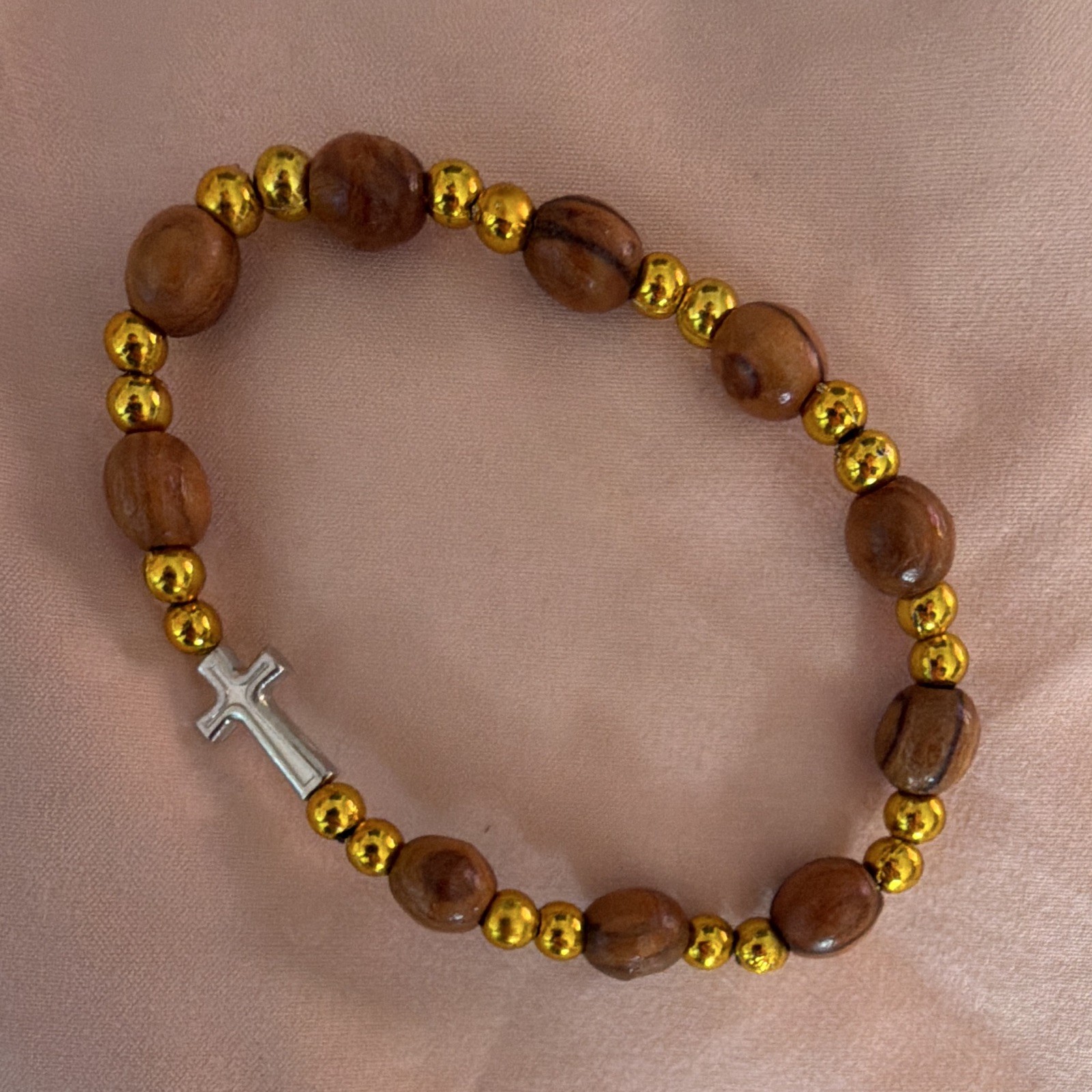 Brown Wood & Gold Tone Beaded Stretch Bracelet Religious Cross Dangle Charm