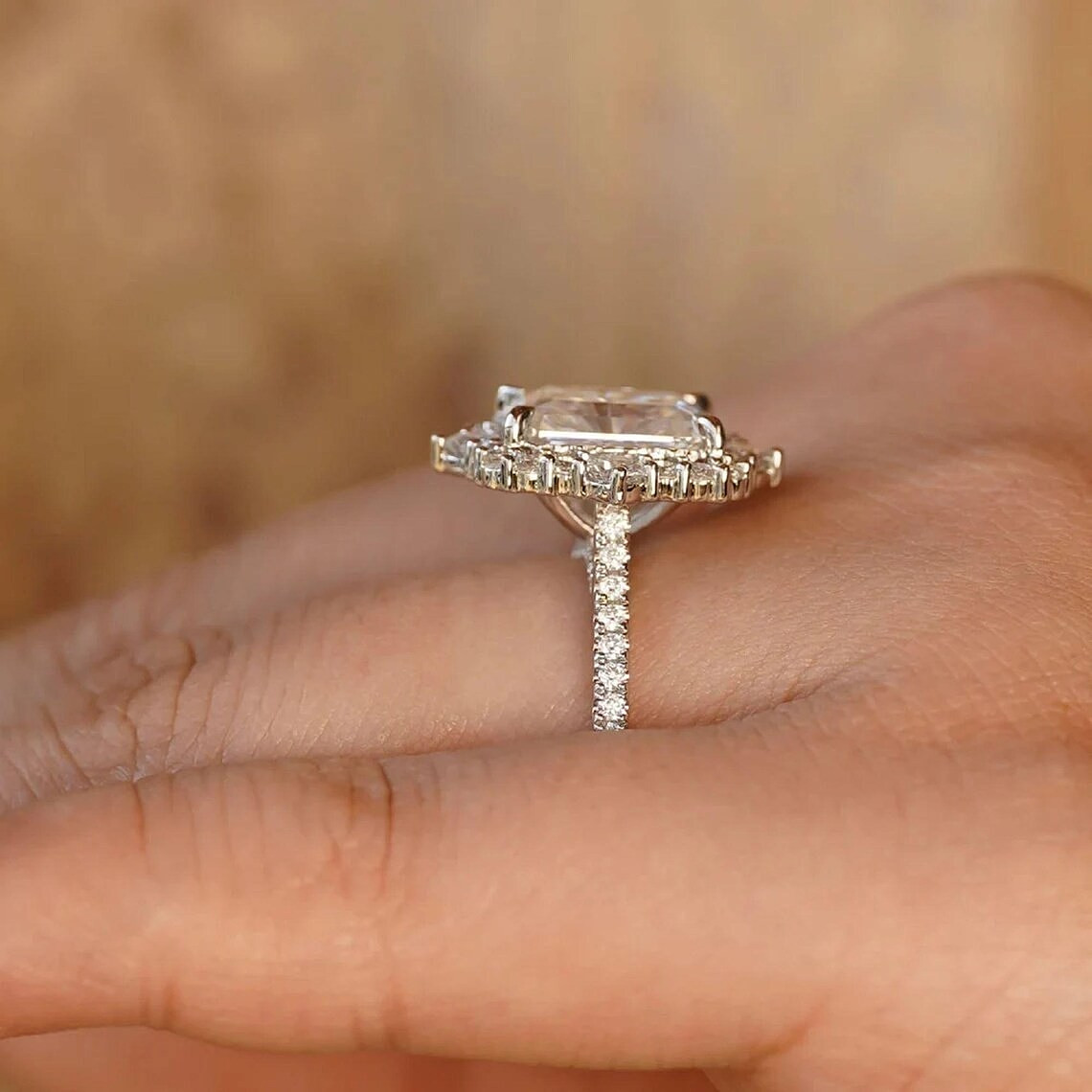 F/VVS1 Radiant Cut 2.50 CT Moissanite Halo Engagement Ring Solid 14K White Gold