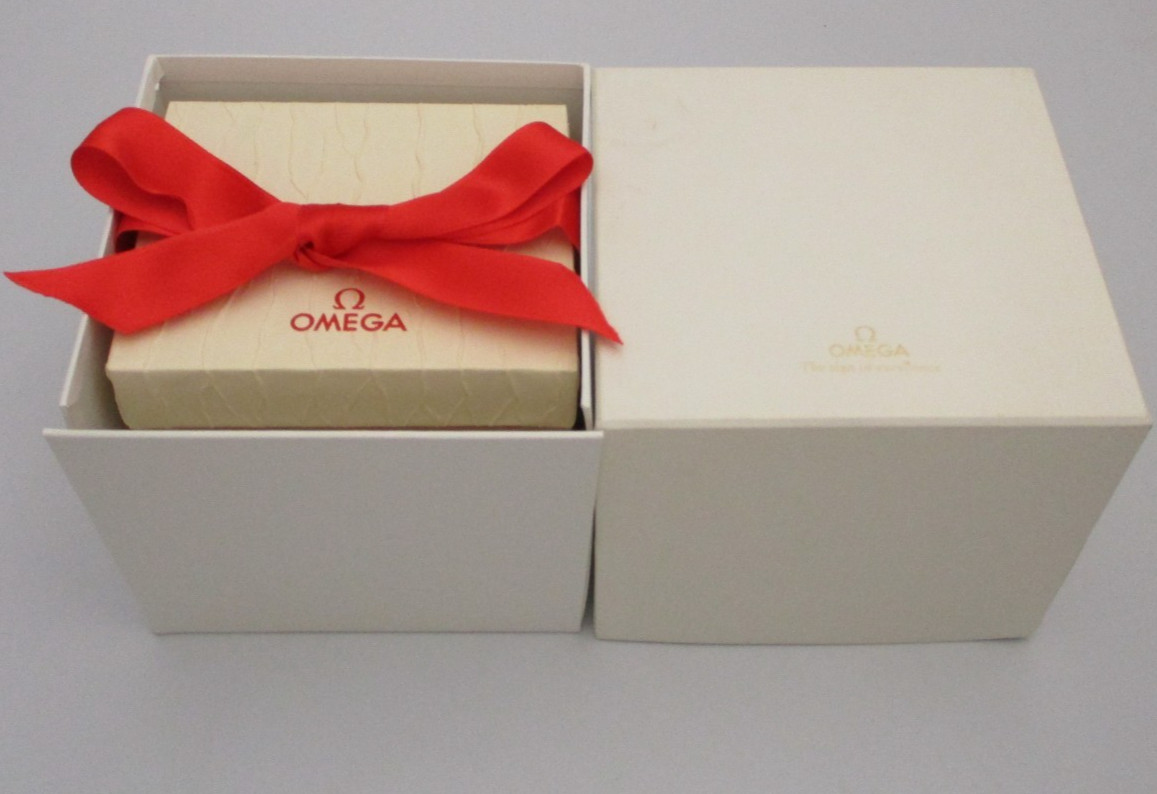 OMEGA White/Cream Watch Box Set with Red Interior Pouch Pillow Ribbon + Cartons