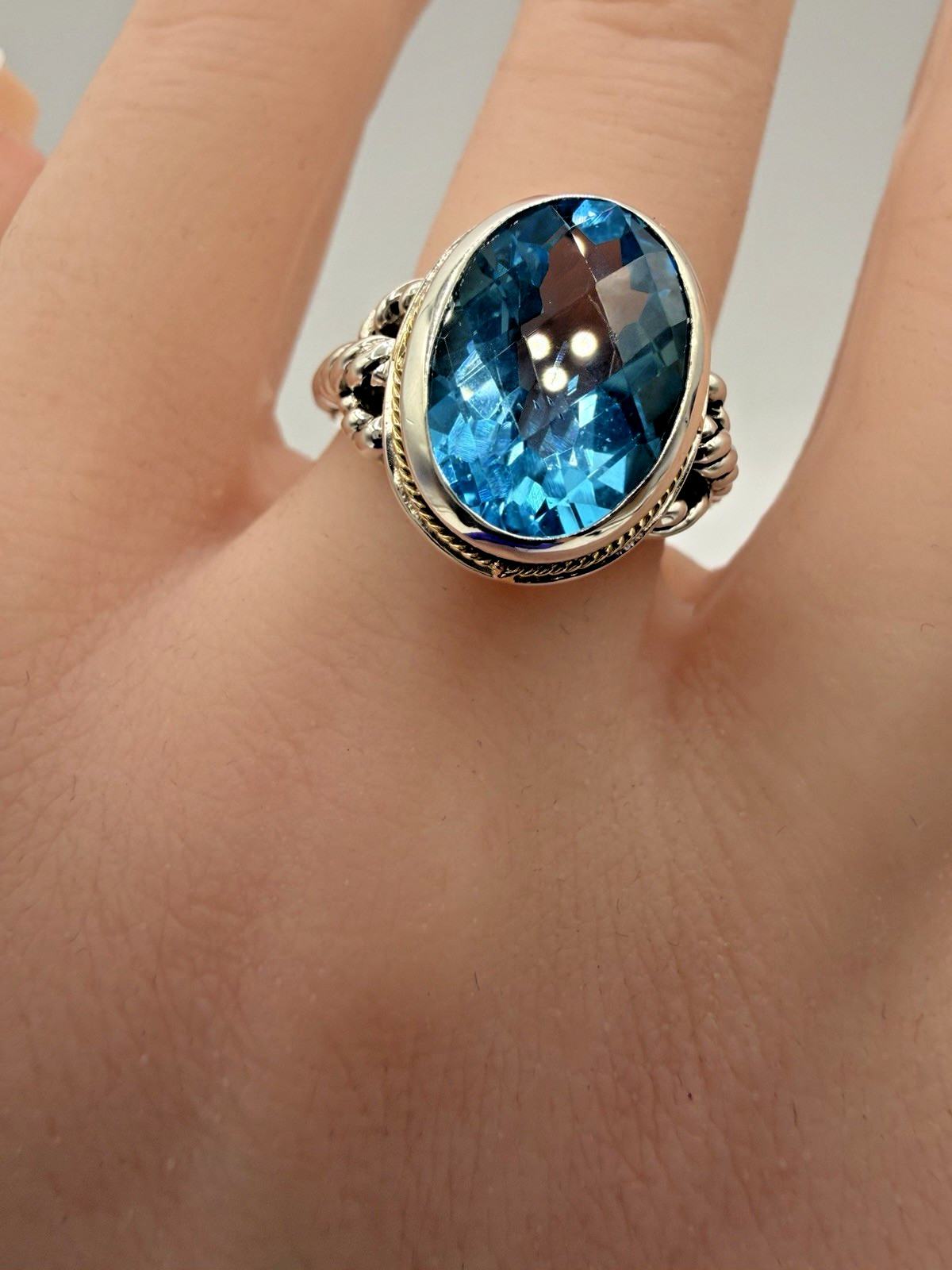 Designer Effy Sterling Silver & 18k Gold Oval Blue Topaz Twisted Cable Ring Sz 7
