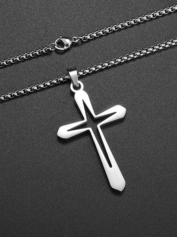Share Stainless Steel Hollow Cross Pendant Necklace Men Christian Religious Jewe