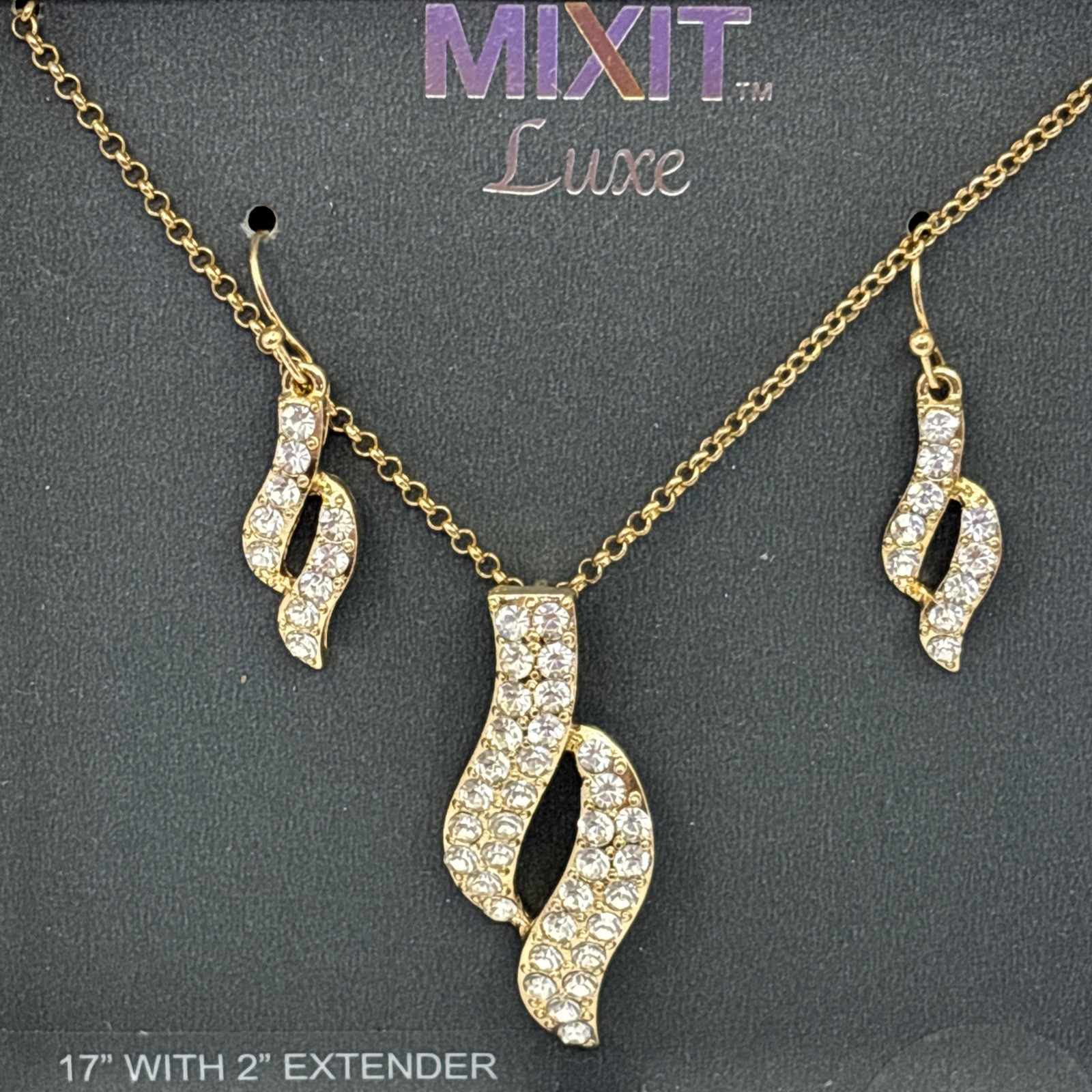 Mix-it Cubic Zirconia Earrings & Necklace Set 17” With 2” Extender Gold Tone