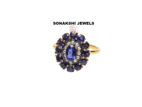 Handmade Sterling Silver Iolite Ring: Pave Diamond Halo Ring