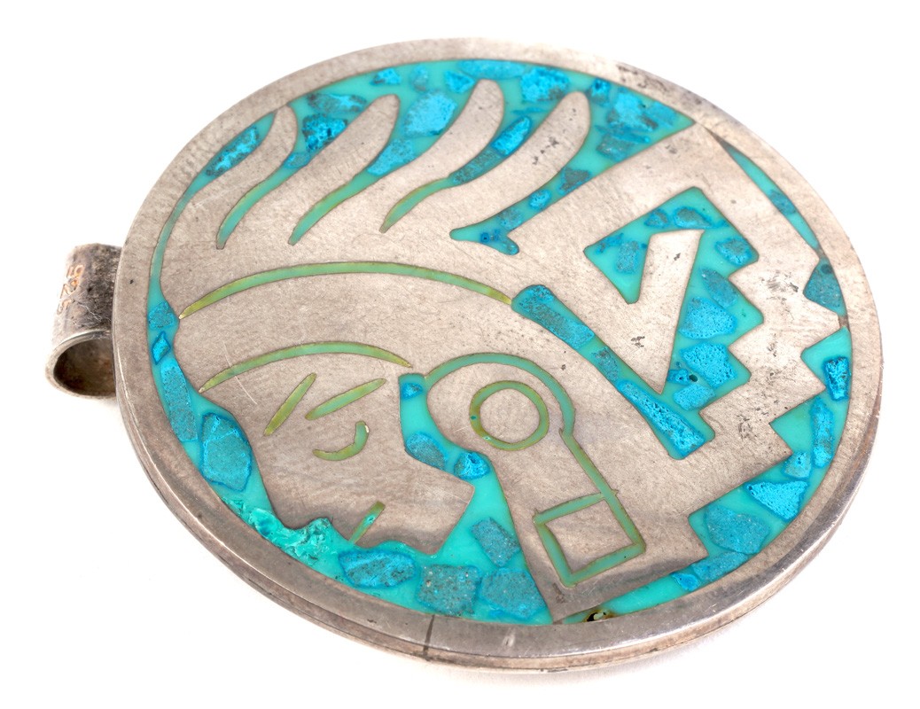 Mayan Head Pendant Silver Turquoise Mexico 925 Sterling