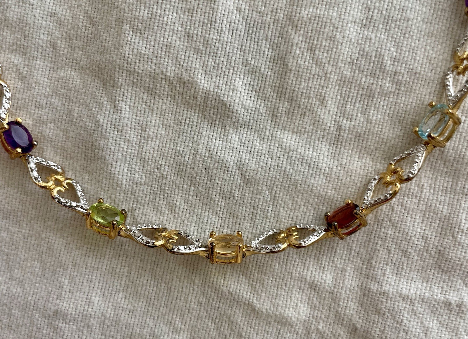China 925 Sterling Silver Multicolor Gemstone Heart Link Bracelet 7.5” Two Tone