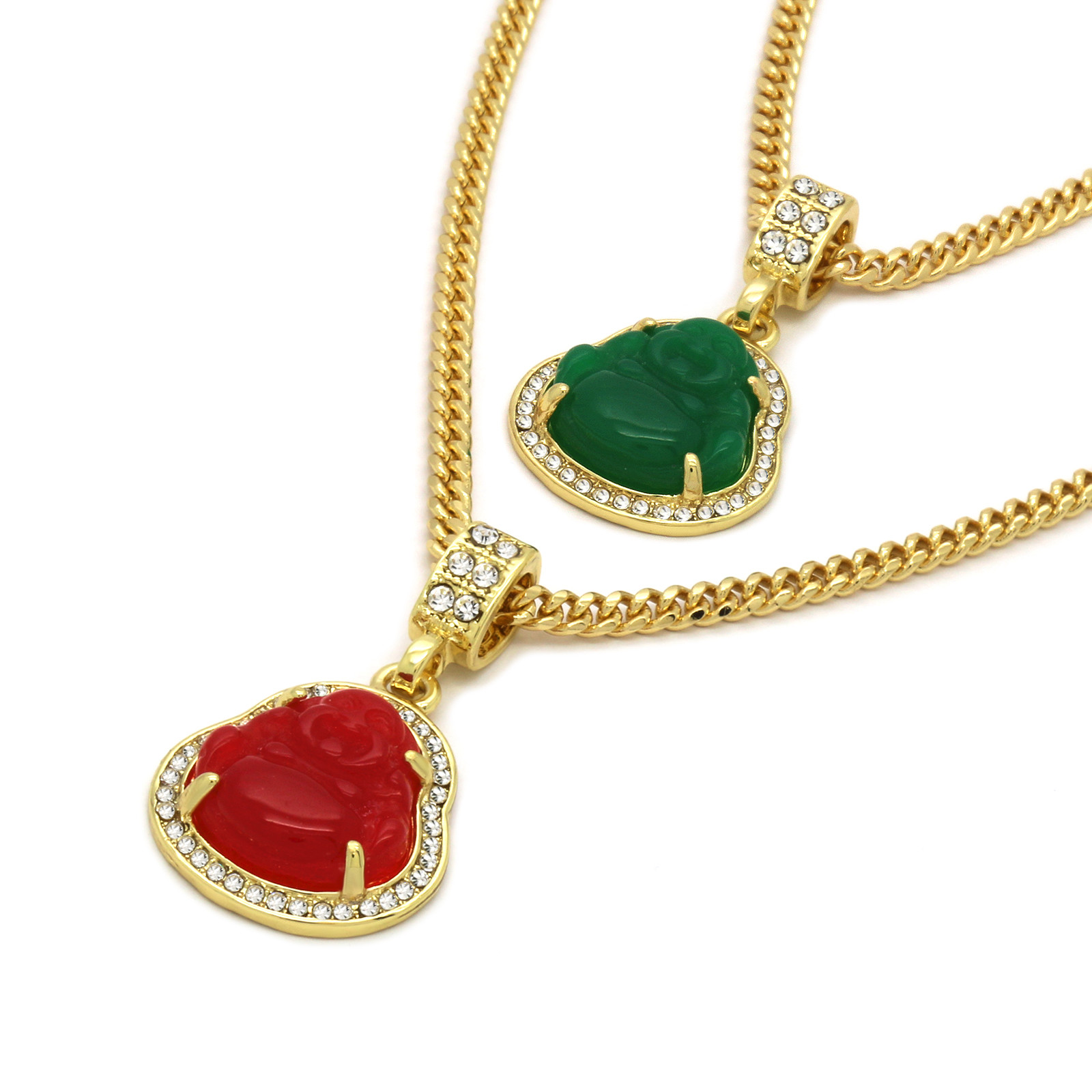 Men 14k Gold Plated green red buddha Cubic-Zirconia 30 & 24″ Cuban Chain