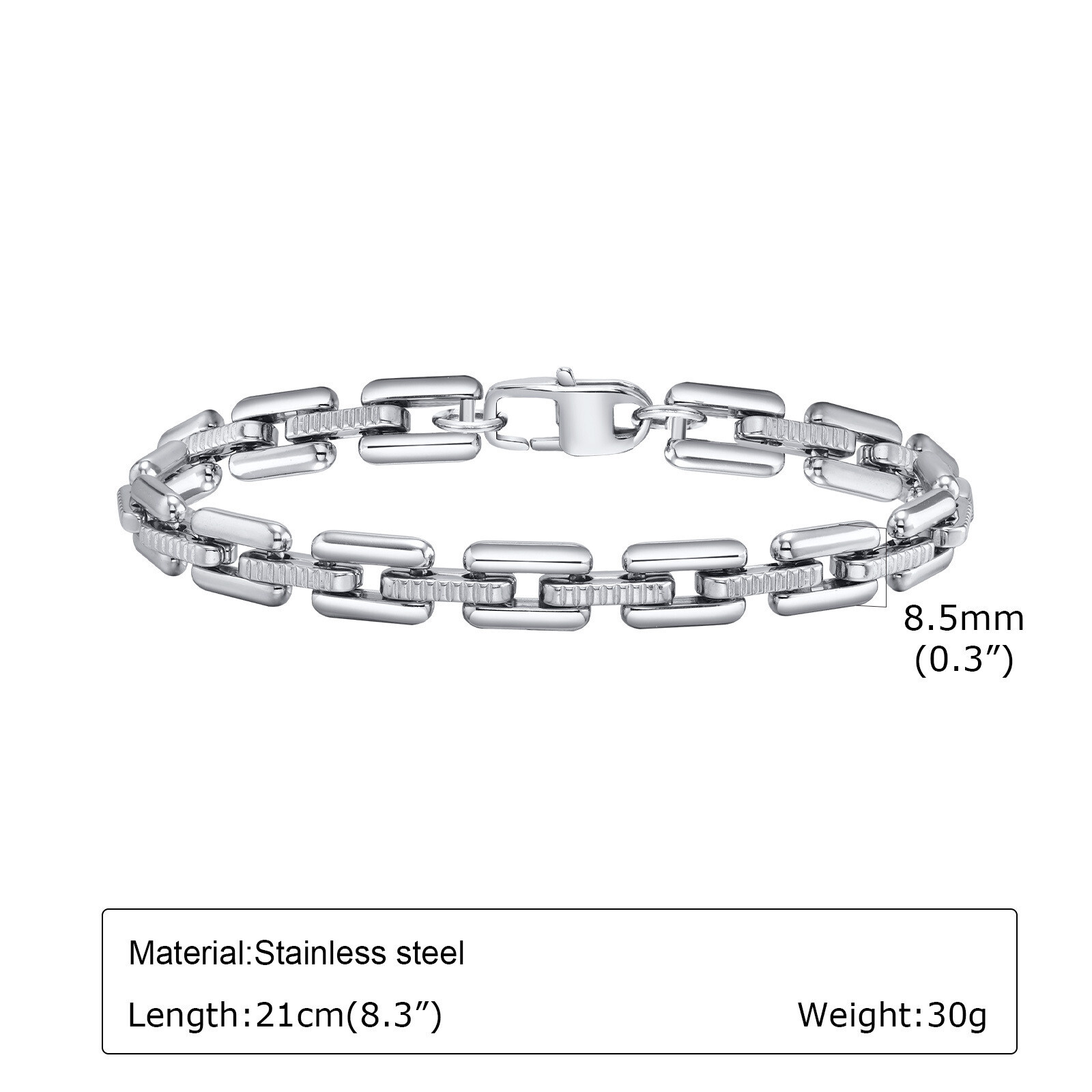 8.5MM 8.26” Silver Long Box Chain Bracelet Stainless steel Jewelry For Men Gift