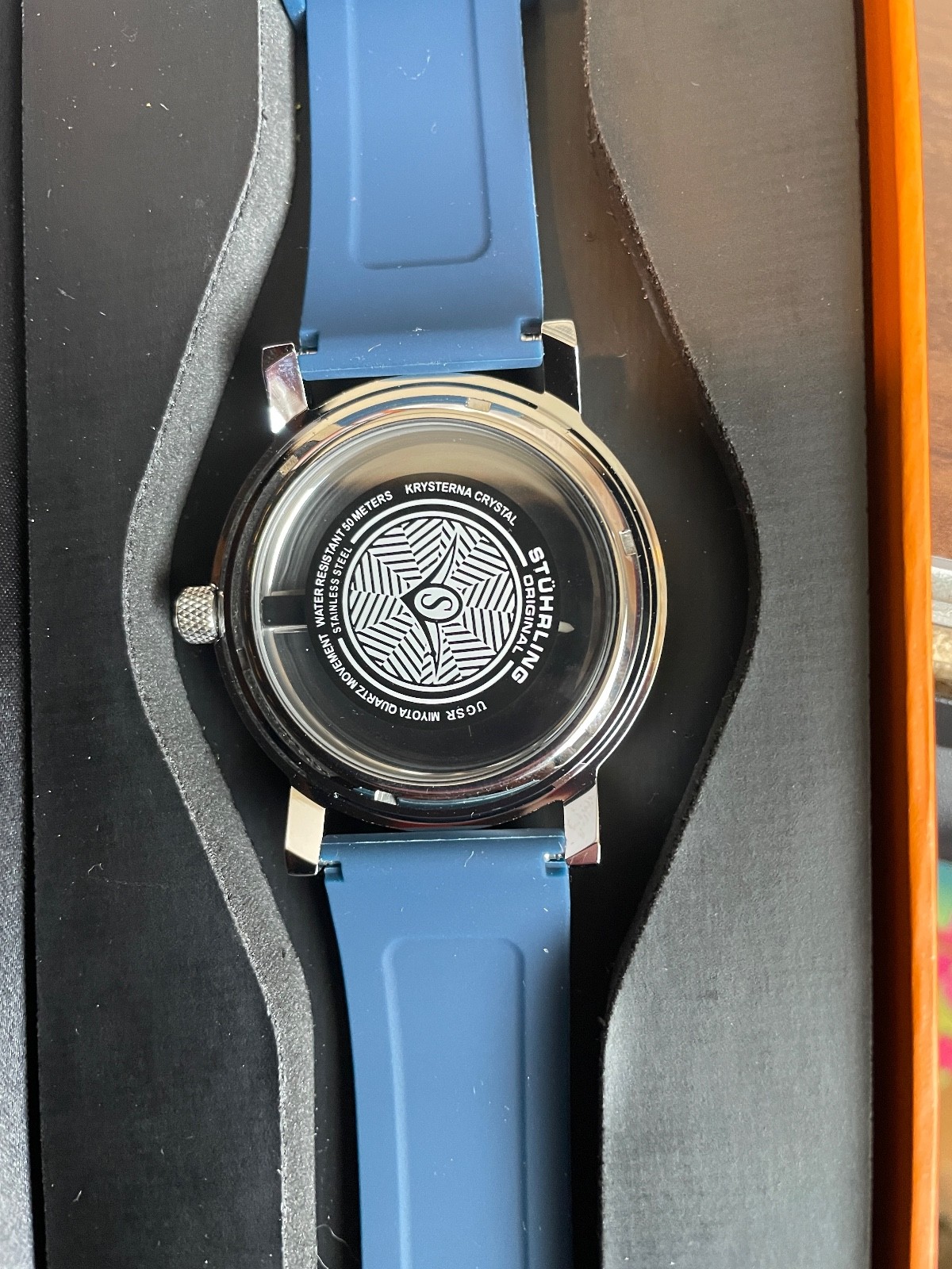 Stuhrling 3915 1 Aviator Quartz Semi Transparent Dial Blue Rubber Mens Watch