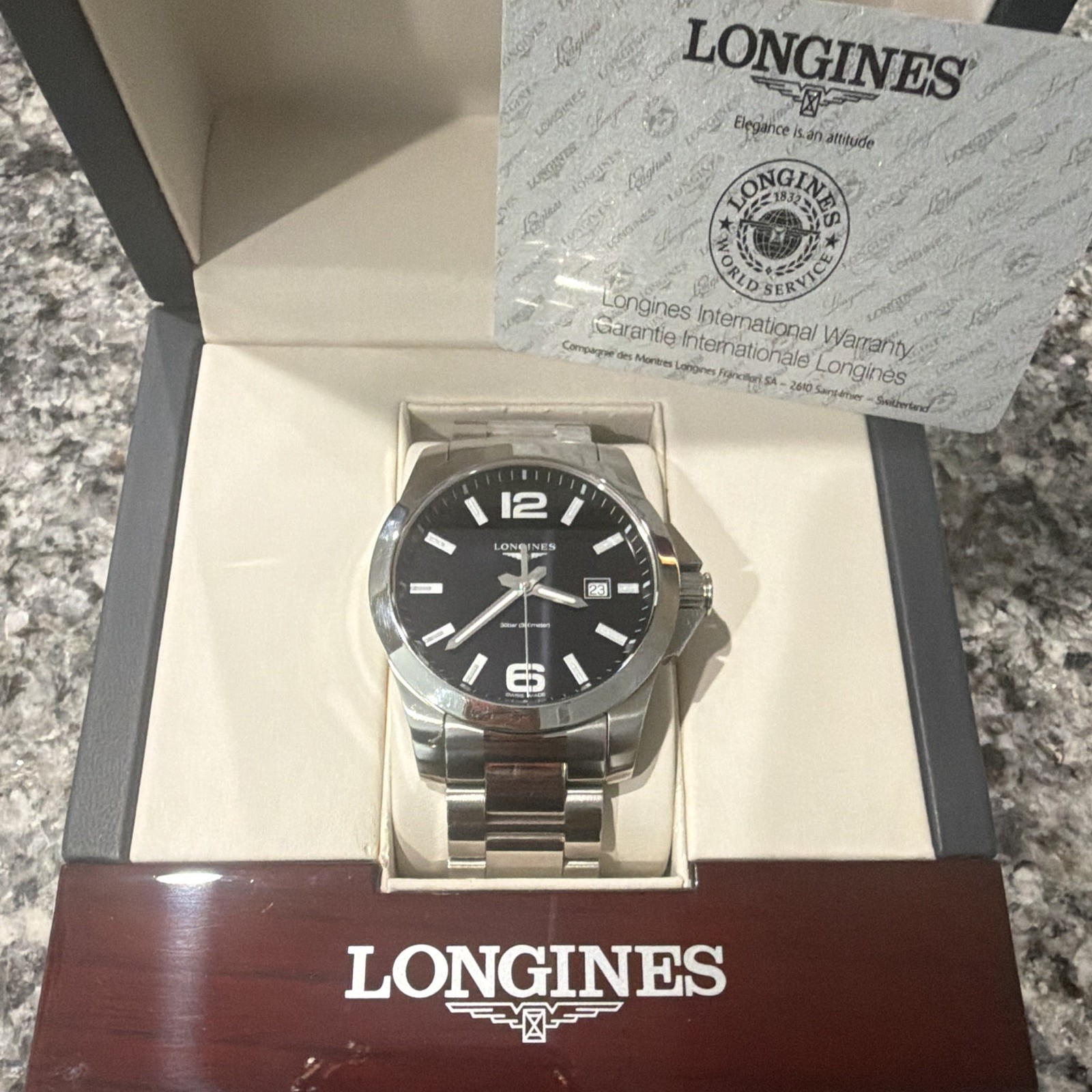 Longines Conquest Quartz 43mm 300m Black Dial Date Steel Bracelet Box Papers