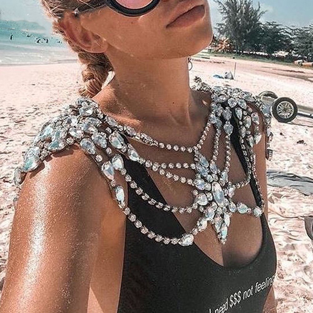 Women Crystal Body Chain Shawl Shoulder Necklace Accessory Gown Match