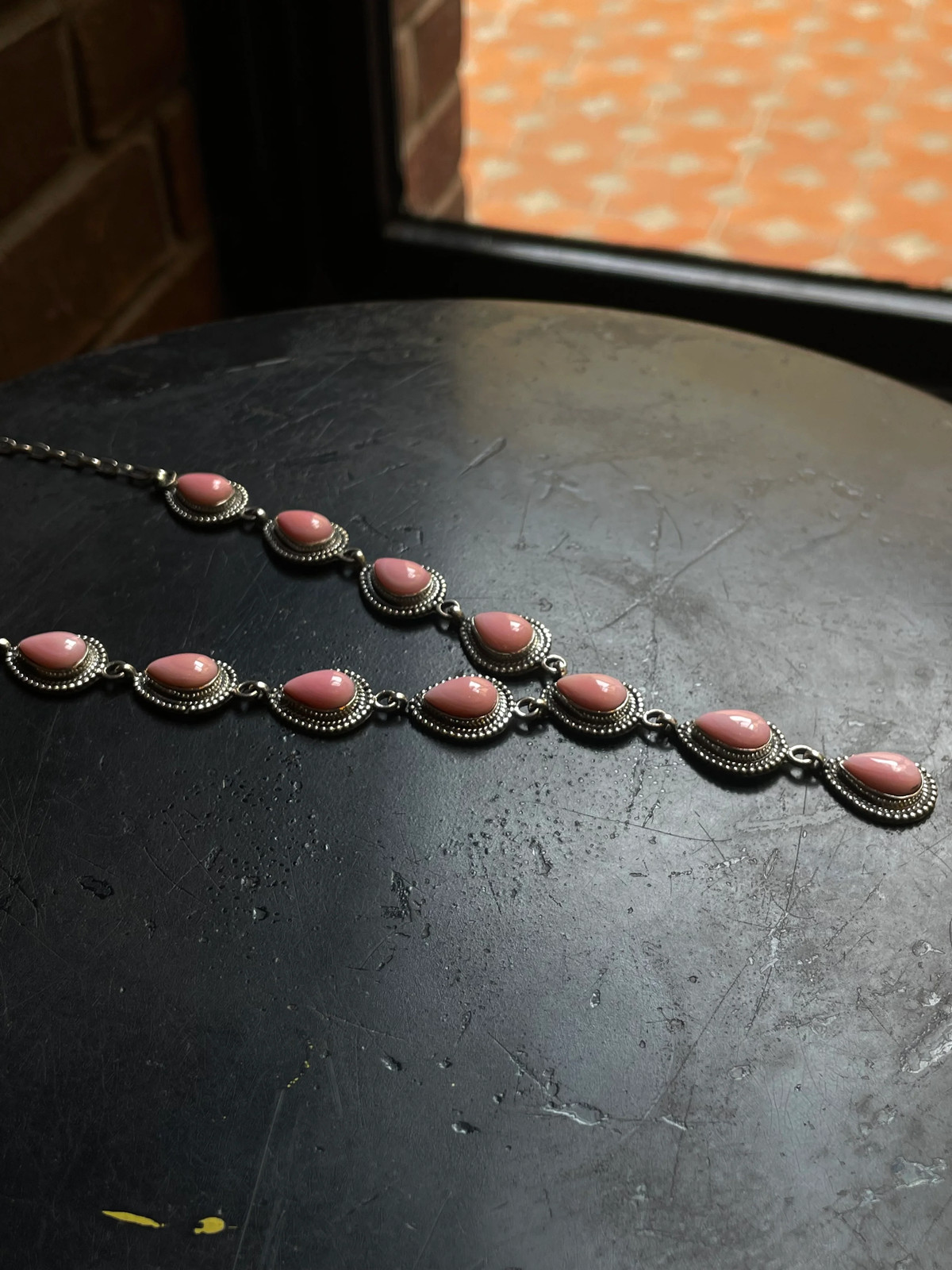 Pink Conch Lariat Necklace | Teardrop Station Drop | 925 Silver E559